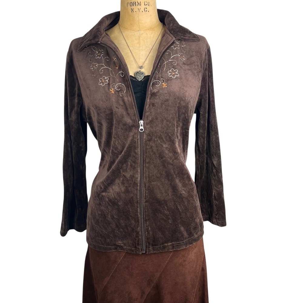 Boho Shenanigans Velour Zip Up Floral Embroidered Jacket Sz S M‎ Cottegecore